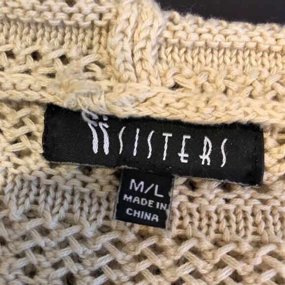 II Sisters tan open crochet knit v neck hooded sweater tunic size M/L - Picture 9 of 16